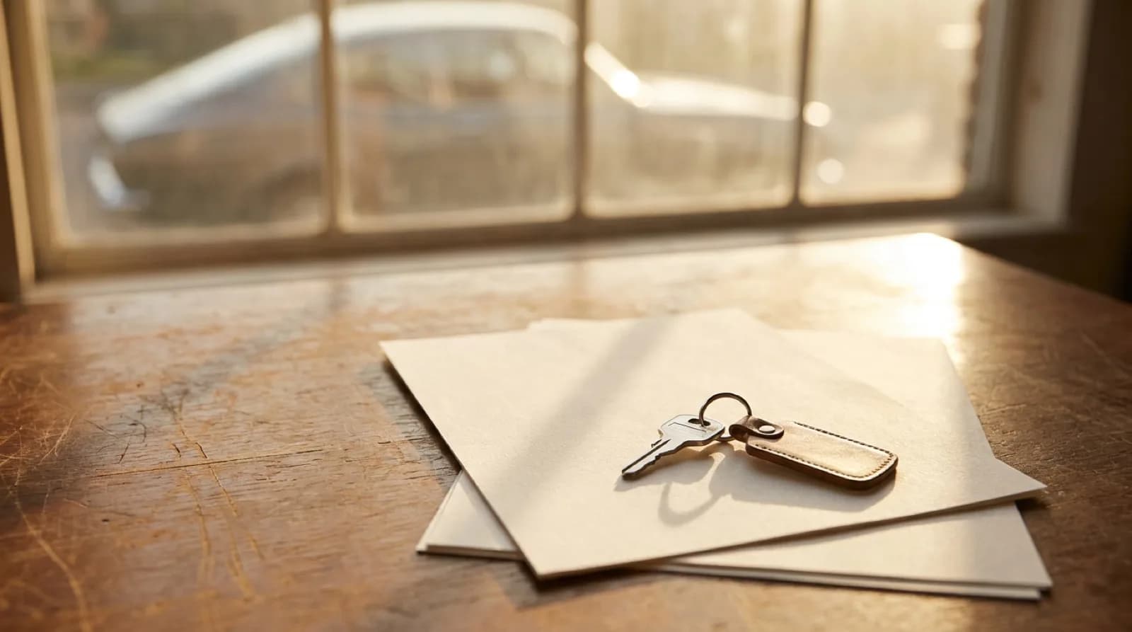 Rental agreement and car keys on a desk during a vehicle handover