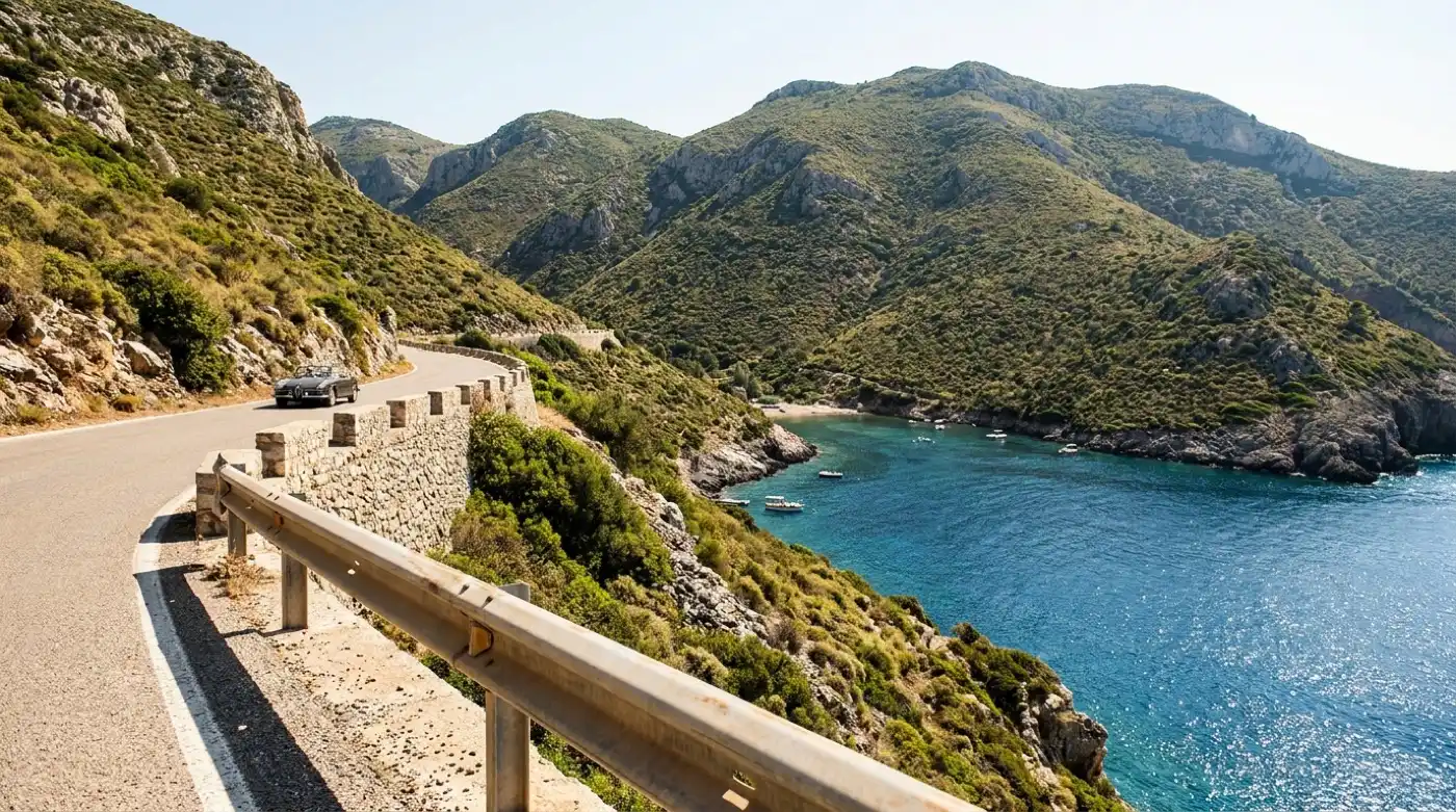 View over the Bay of Kotor in Montenegro with medieval town walls and mountains rising from the water