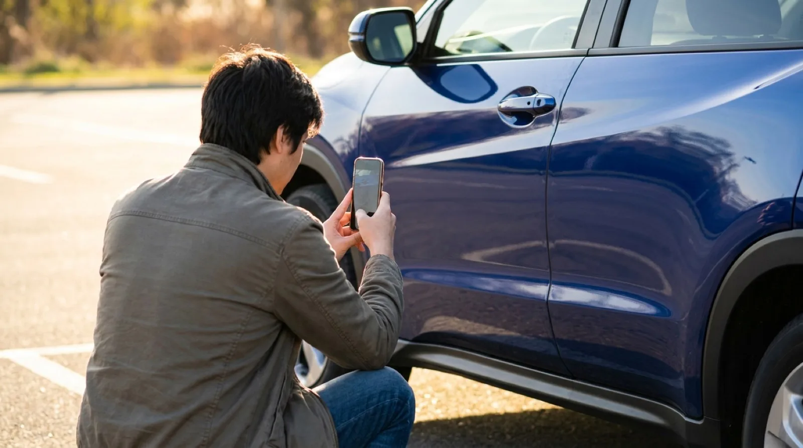 Customer and rental agent inspecting a car body panel together and noting its condition before handover