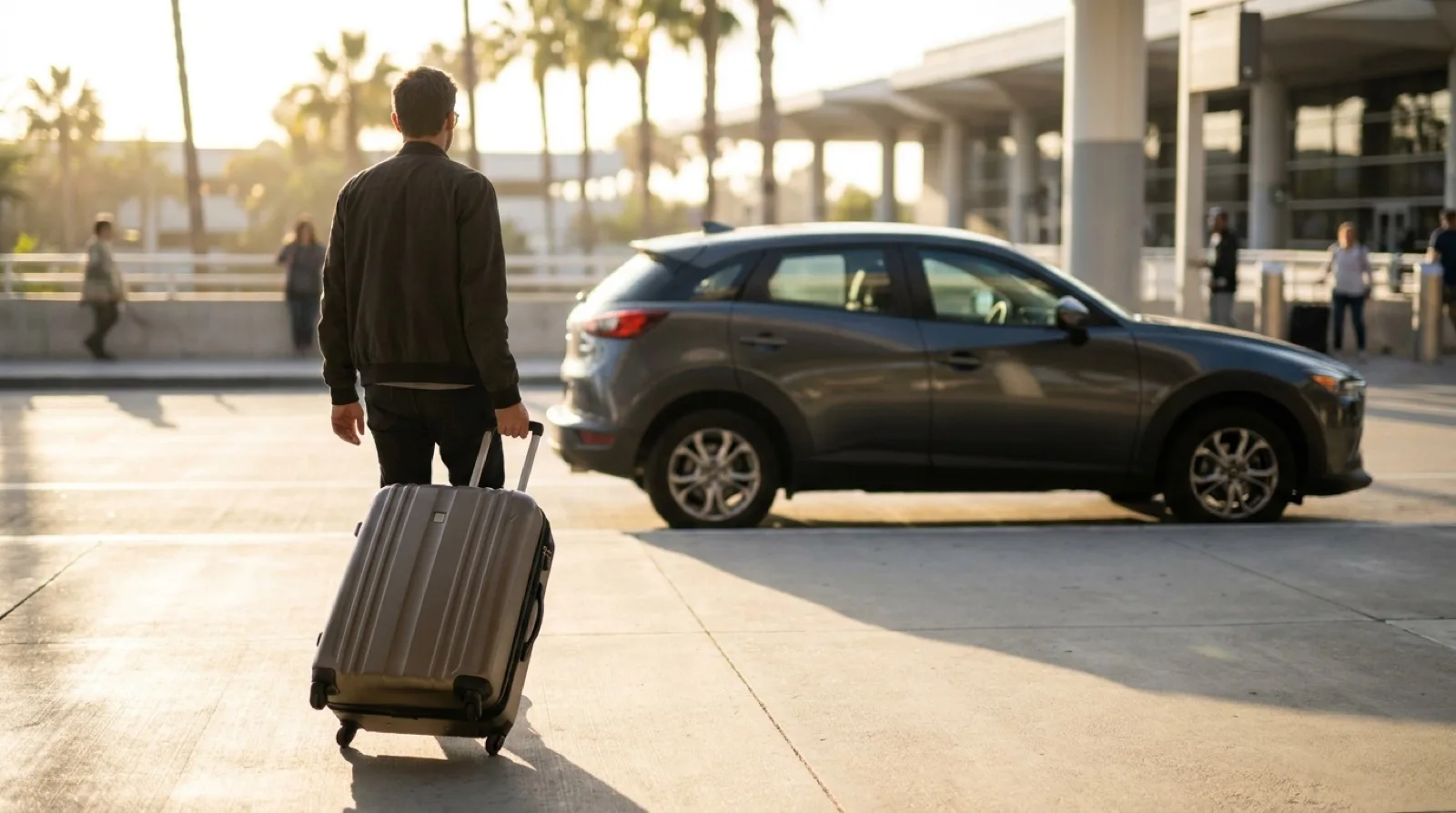 Rental car handover in the parking area of Tirana International Airport with luggage being loaded